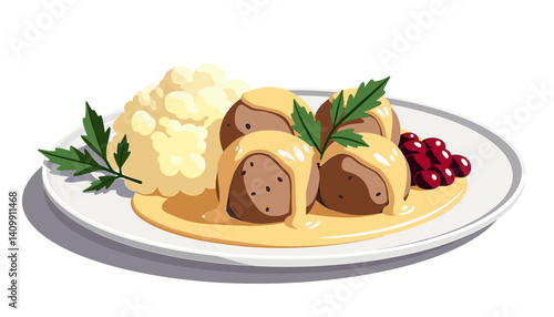 Icon of Swedish meatballs with creamy gravy and mashed potatoes, isolated on white background, perfect for food blogs and culinary presentations