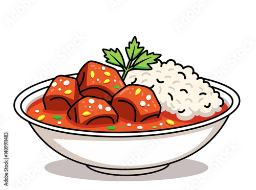 Spicy Indian vindaloo with tender lamb chunks and basmati rice, minimalist vector art icon, isolated on white background, ideal for blogs, websites, and culinary presentations