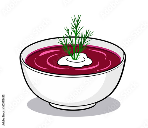 Icon of isolated borscht soup bowl with sour cream and dill, minimalistic art on white background, perfect for blogs, websites, and culinary presentations