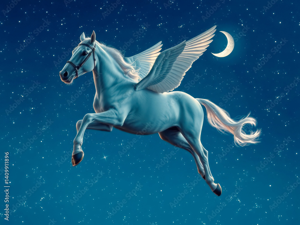 A white horse with wings flying through the night sky. The image has a dreamy, magical quality to it