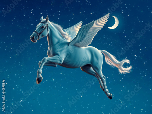 A white horse with wings flying through the night sky. The image has a dreamy, magical quality to it