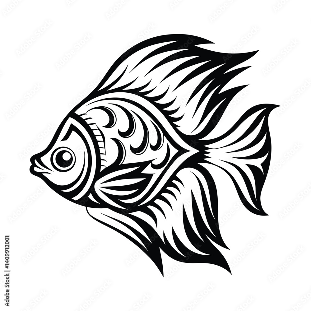 Ornamental Fish Detailed Black and White Line Art with Intricate Patterns Ornamental Fish Detailed Black and White Line Art with Intricate Patterns