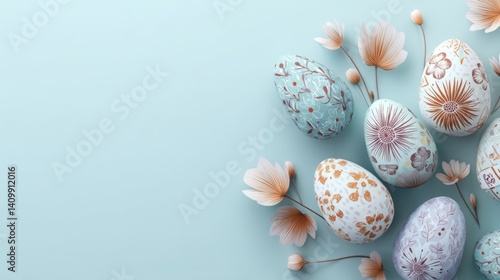 Easter decoration chick ornaments festive banners. Pastel Easter Eggs with Floral Accents on Light Blue Background Festive Spring Holiday Season Art.