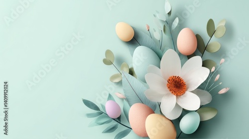 Easter decoration chick ornaments festive banners. Pastel Spring Flowers and Eggs Arrangement on Light Green Background Paper Cut Design Celebration.
