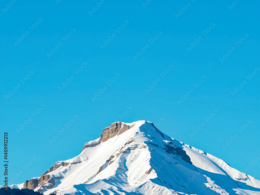 A mountain covered in snow with a blue sky in the background. The mountain is tall and majestic, and the sky is clear and bright. Concept of awe and wonder at the beauty of nature
