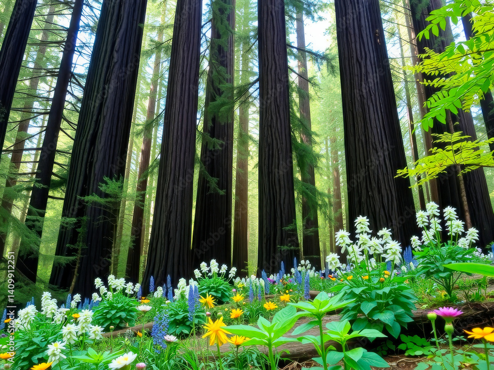 A lush green forest with a field of wildflowers. The flowers are yellow and white, and the trees are tall and leafy. The scene is peaceful and serene, with the sun shining through the leaves