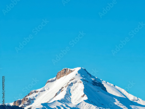 Obraz na płótnie A mountain covered in snow with a blue sky in the background. The mountain is tall and majestic, and the sky is clear and bright. Concept of awe and wonder at the beauty of nature w salonie