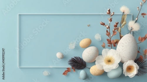 Easter decoration chick ornaments festive banners. Serene Easter Eggs and Floral Display Pastel Colors Tranquil Springtime Celebration Arrangement Design.