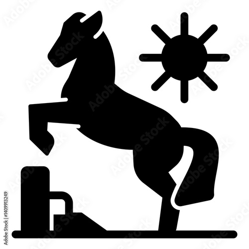 Mustang ridge horse solid icon, west desert concept. Vector graphics. Sun, shiny weather and horse animal sign on white background, glyph style mobile or design.