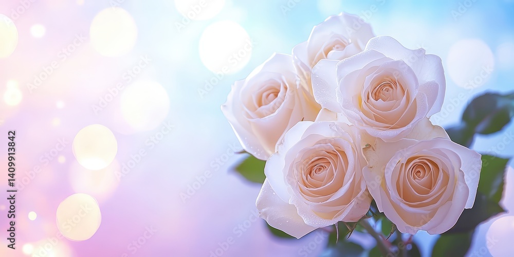 A soft-focus image of delicate white roses against a dreamy, pastel background, enhanced by shimmering bokeh lights. A soft-focus image of delicate white roses against a dreamy, pastel background, enhanced by shimmering bokeh lights.