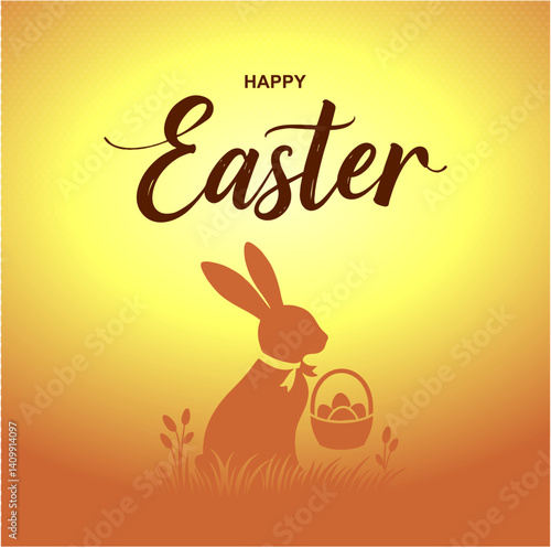 Happy Easter Day Social Media Post with Bunny Silhouette and Egg Basket