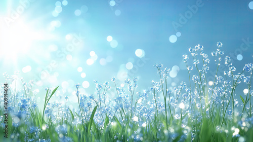 serene field of delicate blue flowers glistens under bright sunlight, creating tranquil and uplifting atmosphere