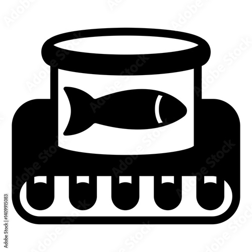 Canned fish on conveyor belt solid icon, fishery production concept. Vector graphics. Fishing product jar sign on white background, glyph style mobile or design.
