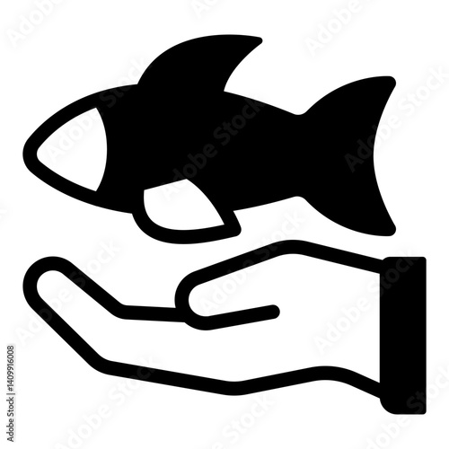 Fish on hand palm solid icon, fishery product concept. Vector graphics. Fresh fish with hand sign on white background, glyph style mobile or design.