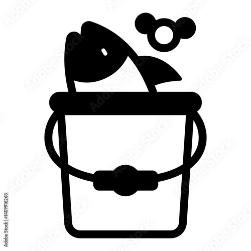 Fish in water bucket solid icon, fishing, fishery concept. Vector graphics. Full bucket of fish sign on white background, glyph style mobile or design.