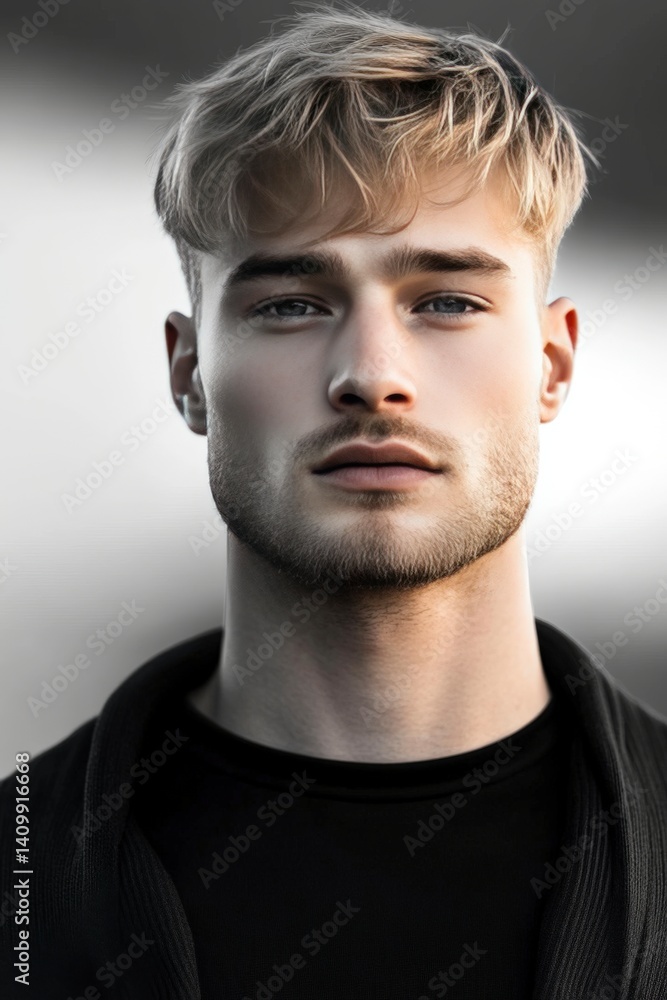 Intense Gaze: A young man with a sharp, piercing gaze and a confident expression, wearing a simple black t-shirt, embodies a sense of self-assurance and depth. His short.