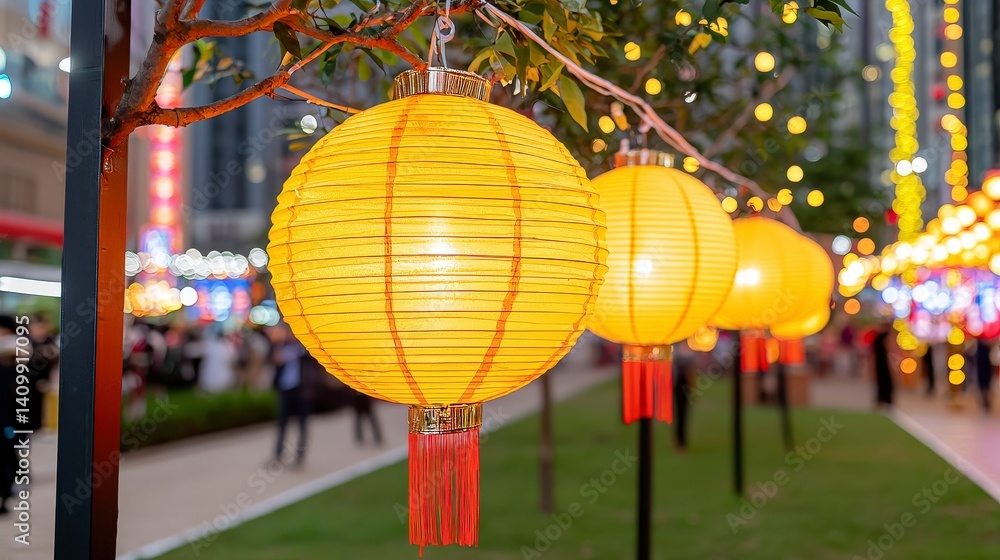 Obraz premium Lanterns Lighting the City: Capturing a vibrant display of Chinese lanterns illuminated against a bustling cityscape. The lanterns offer a visual feast of culture, color, and celebration.