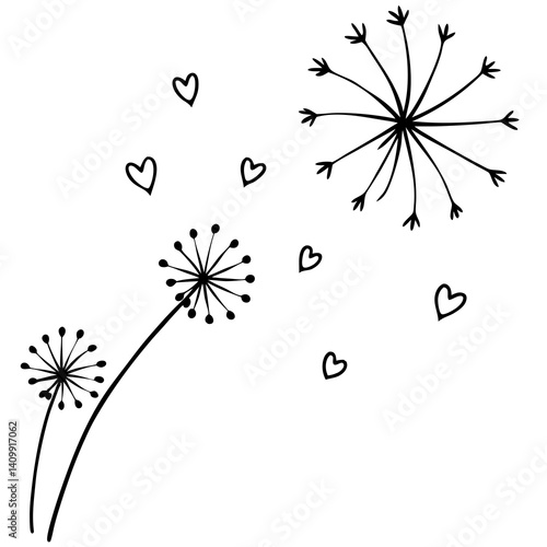 Dandelion seeds flying as tiny hearts line art vector