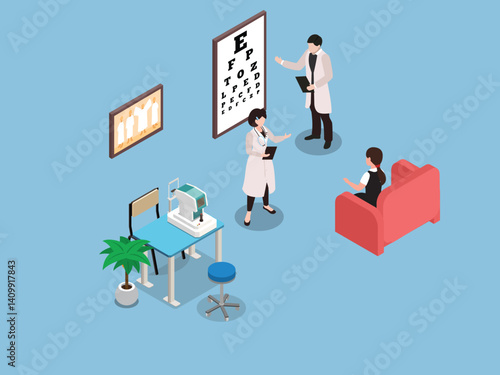 Eye Clinic with Optometrists and Patient During Vision Test 3d flat vector illustrations