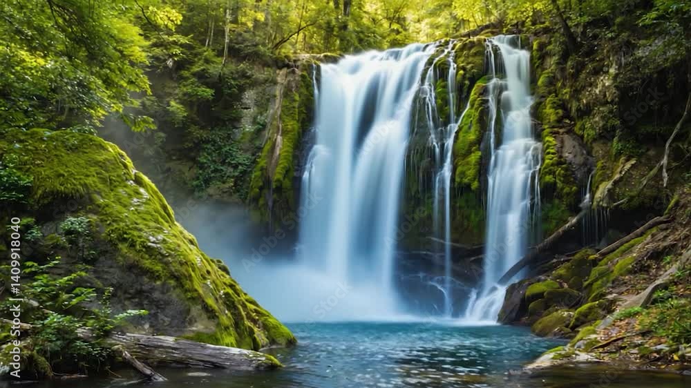 Lush Forest Waterfall Cascading into Blue Pool Lush Forest Waterfall Cascading into Blue Pool