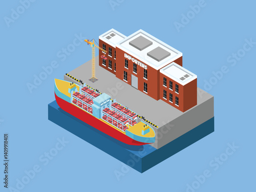 Global Import Business with Cargo Ship and Importer Warehouse3d flat vector illustrations