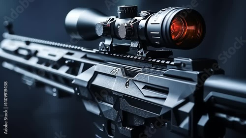 Close-up of a sleek sniper rifle with scope