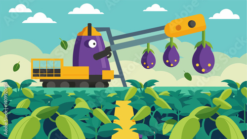 In a controlled environment a robotic harvester carefully thins out overcrowded eggplant plants ensuring proper spacing for optimal growth and yield.. Vector illustration