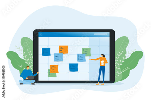 Flat vector illustration design Business planning concept and Business people team working management project schedule with digital online calendar.
