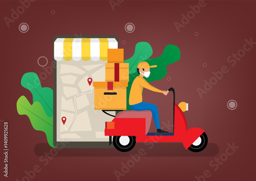 Fast delivery shopping online service and quick shipping a parcel around city by motorcycle staff.