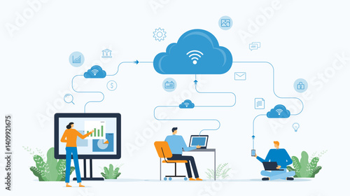 business technology cloud computing service connection concept with developer team working.
business smart working online connect anywhere concept. flat vector illustration.

