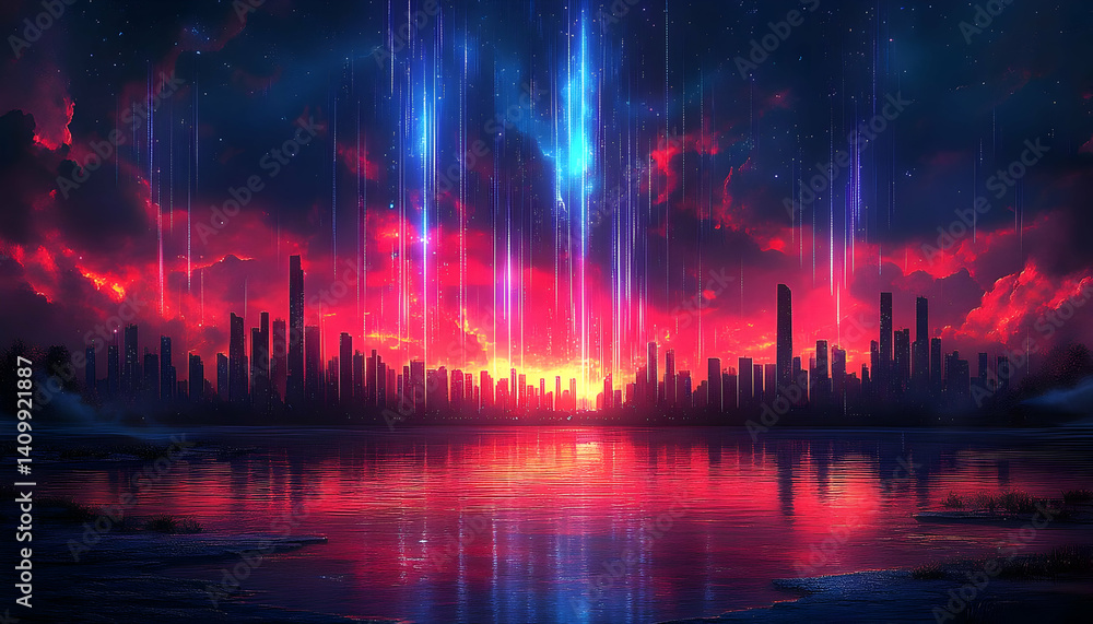 Naklejka premium Futuristic City Sunset With Neon Lights