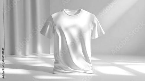 Close up of a white t shirt with a round neck surrounded by flowing white fabric in soft lighting