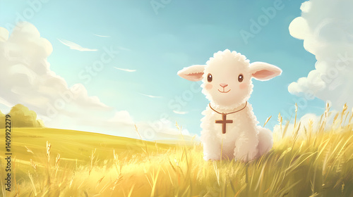 A cute lamb with a cross necklace in a sunny field soft colored spiritual illustration for Christian books religious prints and children’s teaching visuals
