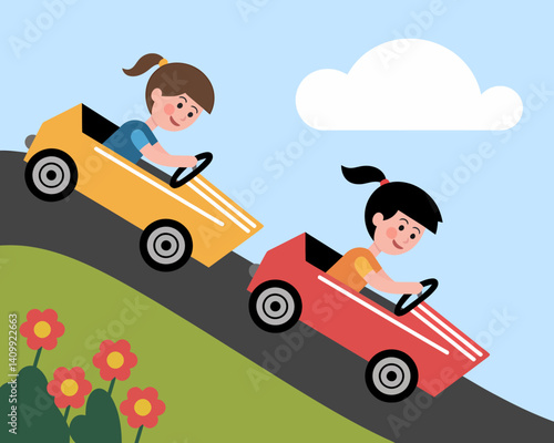 Kids soapbox derby race: girls racing downhill in homemade carts illustration