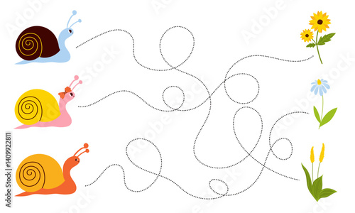 Trace the line page for kids with snails and flowers. Handwriting practice sheet. Preschool worksheet, kindergarten tracing worksheet for practicing fine motor skills.