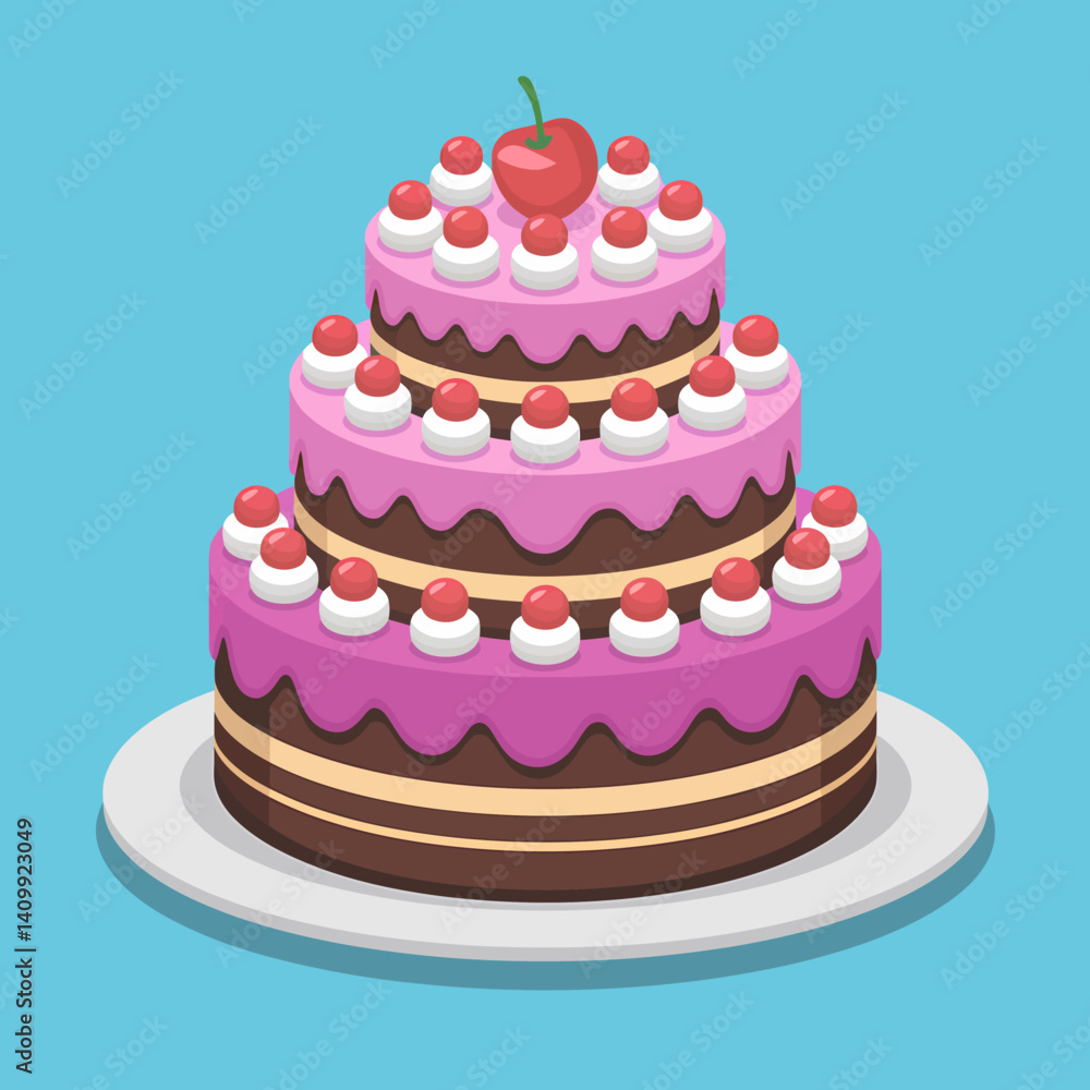 Three-tier Cake with Pink Frosting and Cherry Topping, Celebration Icon Three-tier Cake with Pink Frosting and Cherry Topping, Celebration Icon