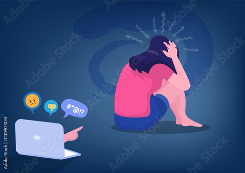 Cyber bullying. Depressed woman sitting on the floor. Opinion and the pressure of society. Shame. Vector flat