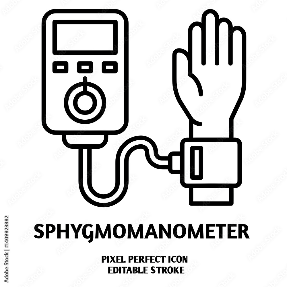 Sphygmomanometer editable stroke outline icon isolated on white background flat vector illustration, black outline, Pixel perfect Sphygmomanometer editable stroke outline icon isolated on white background flat vector illustration, black outline, Pixel perfect