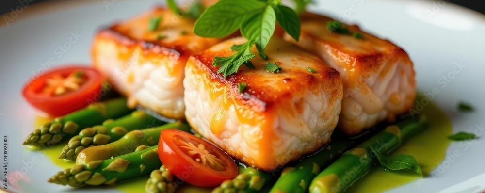 Close-up of flaky salmon with vibrant asparagus & tomato garnish Herb accents , meal, stock photo Close-up of flaky salmon with vibrant asparagus & tomato garnish Herb accents , meal, stock photo