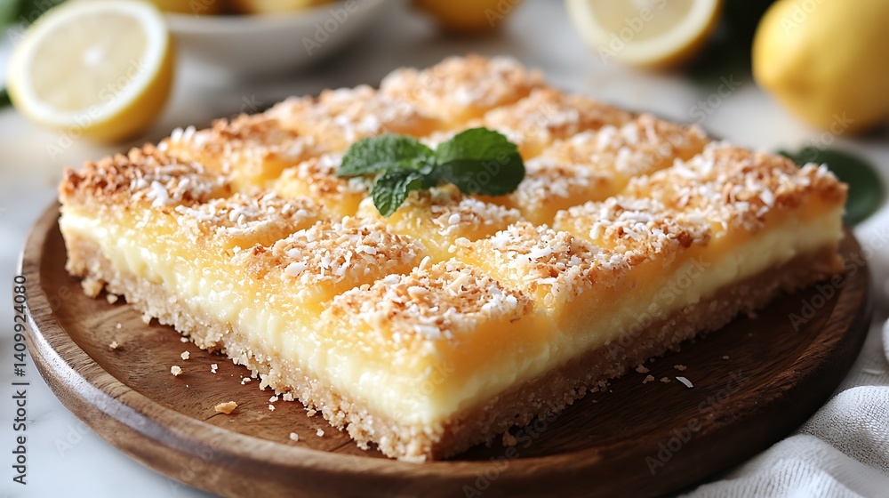 Lemon Coconut Bars on Wooden Plate Lemon Coconut Bars on Wooden Plate