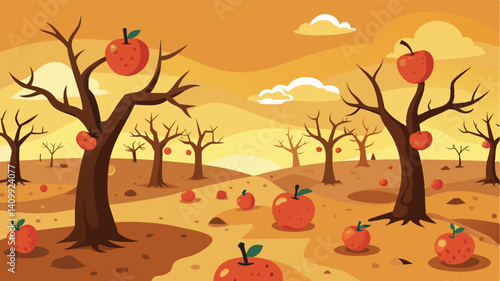 The ground beneath the barren trees is littered with shriveled rotting apples a symbol of the loss and decay brought on by changing weather patterns.. Vector illustration