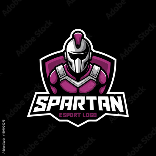 Spartan warrior mascot logo. Gaming esport identity with knight helmet and shield.