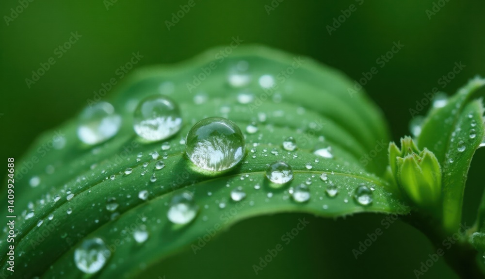 Close-up view of a vibrant green leaf with scattered water drops reflecting tree shapes symbolizing environmental purity natural freshness and the beauty of ecosystems Close-up view of a vibrant green leaf with scattered water drops reflecting tree shapes symbolizing environmental purity natural freshness and the beauty of ecosystems