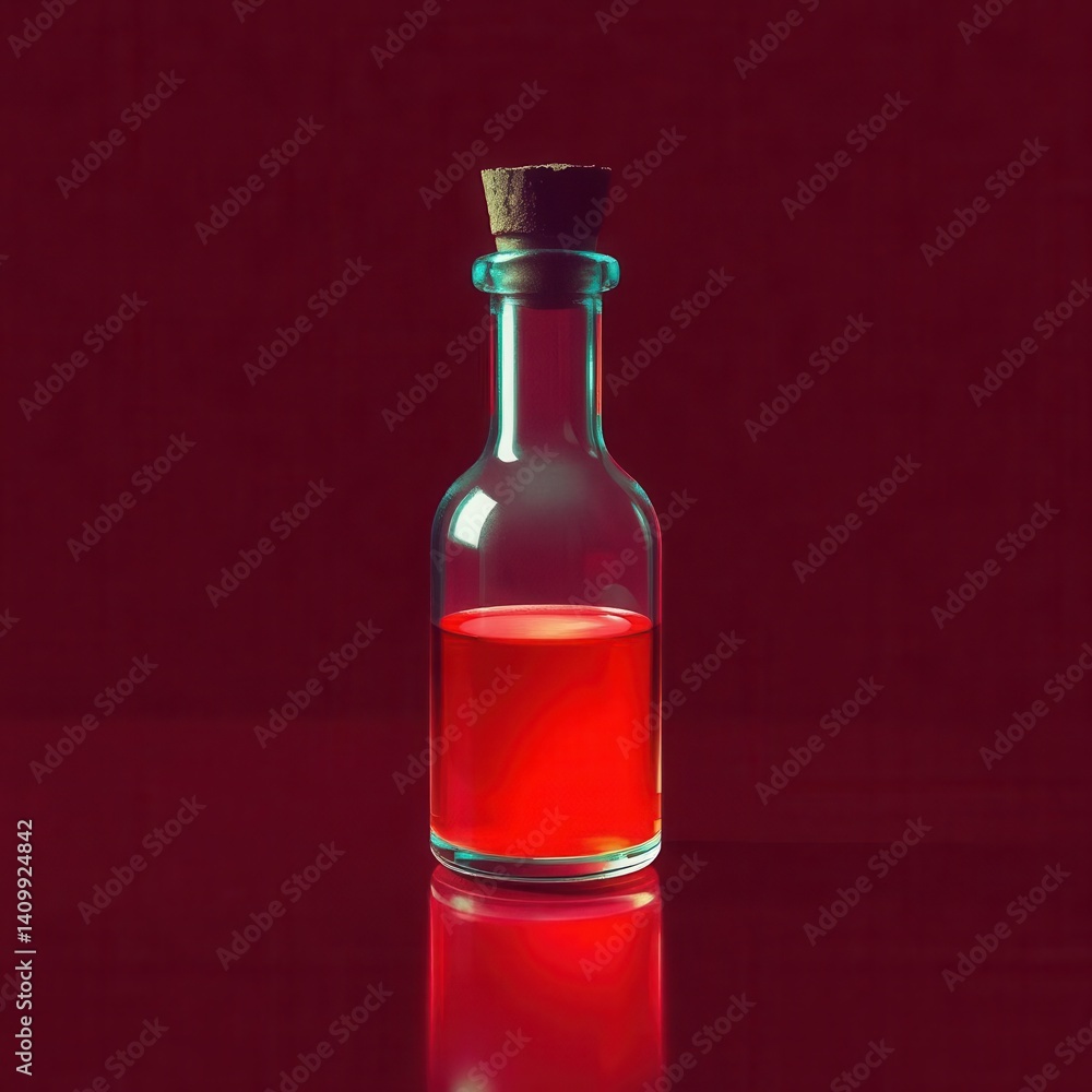 Glass bottle containing red liquid sealed with a cork stopper on a reflective red surface, casting reflections. Glass bottle containing red liquid sealed with a cork stopper on a reflective red surface, casting reflections.