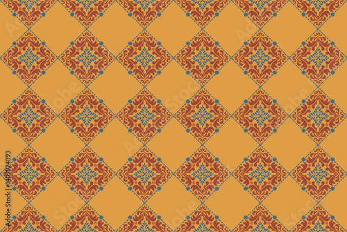  Damask seamless pattern. Wallpaper ornament. Ethnic South Western decor style. Ikat Boho geometric ornament. Vector seamless pattern. Mexican blanket, rug. Woven carpet