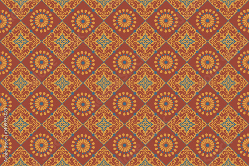  Damask seamless pattern. Wallpaper ornament. Ethnic South Western decor style. Ikat Boho geometric ornament. Vector seamless pattern. Mexican blanket, rug. Woven carpet