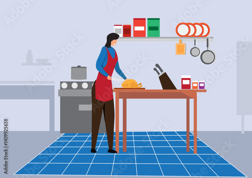 Smiling housewife preparing chicken with spices for lunch or dinner. Cute scene with a woman who likes to cook.