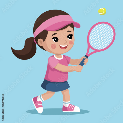 Cute Girl Tennis Player Cartoon, Sporty Kid Playing Tennis, Health and Active Lifestyle