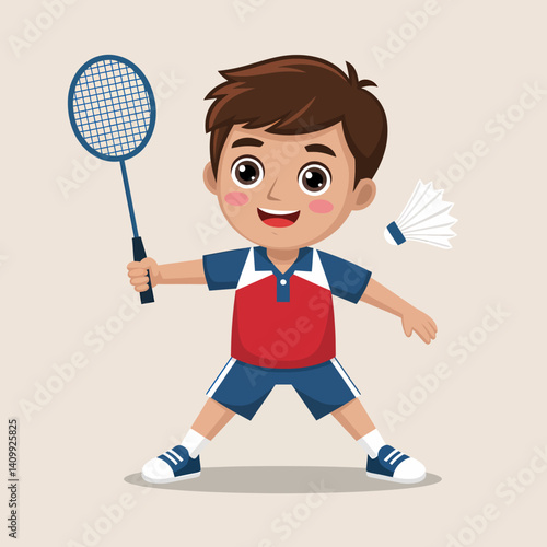 Boy playing badminton with racket and shuttlecock cartoon character