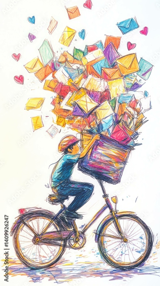 Fototapeta premium Expressive illustration of a cyclist overflowing with messages of affection and care